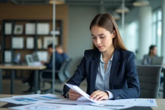 Jeune femme en bureau avec graphiques et ambiance professionnelle
