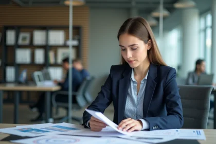 Jeune femme en bureau avec graphiques et ambiance professionnelle