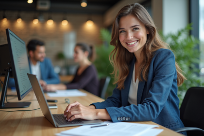 Jeune femme en bureau organise ses posts sociaux