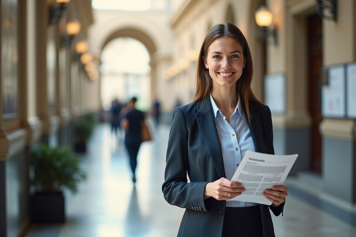Jeune femme en costume tenant un journal officiel dans un hall