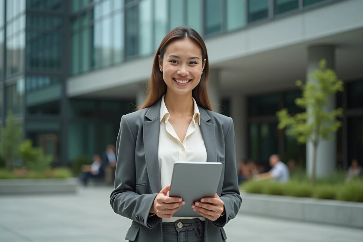 Jeune femme investisseure avec tablette devant immeuble moderne