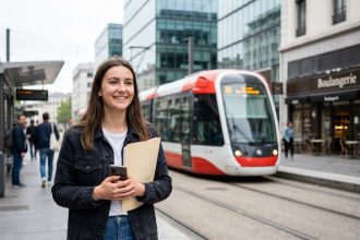 Jeune femme souriante à Lyon avec un tram en arrière-plan