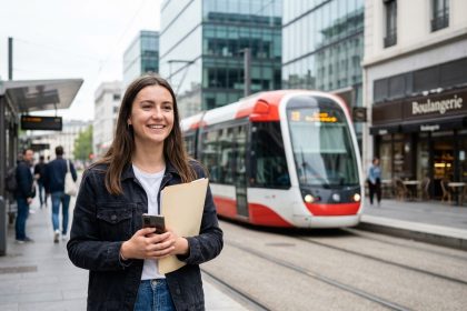 Jeune femme souriante à Lyon avec un tram en arrière-plan