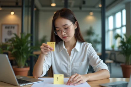 Jeune femme arrangeant des notes sur un bureau moderne