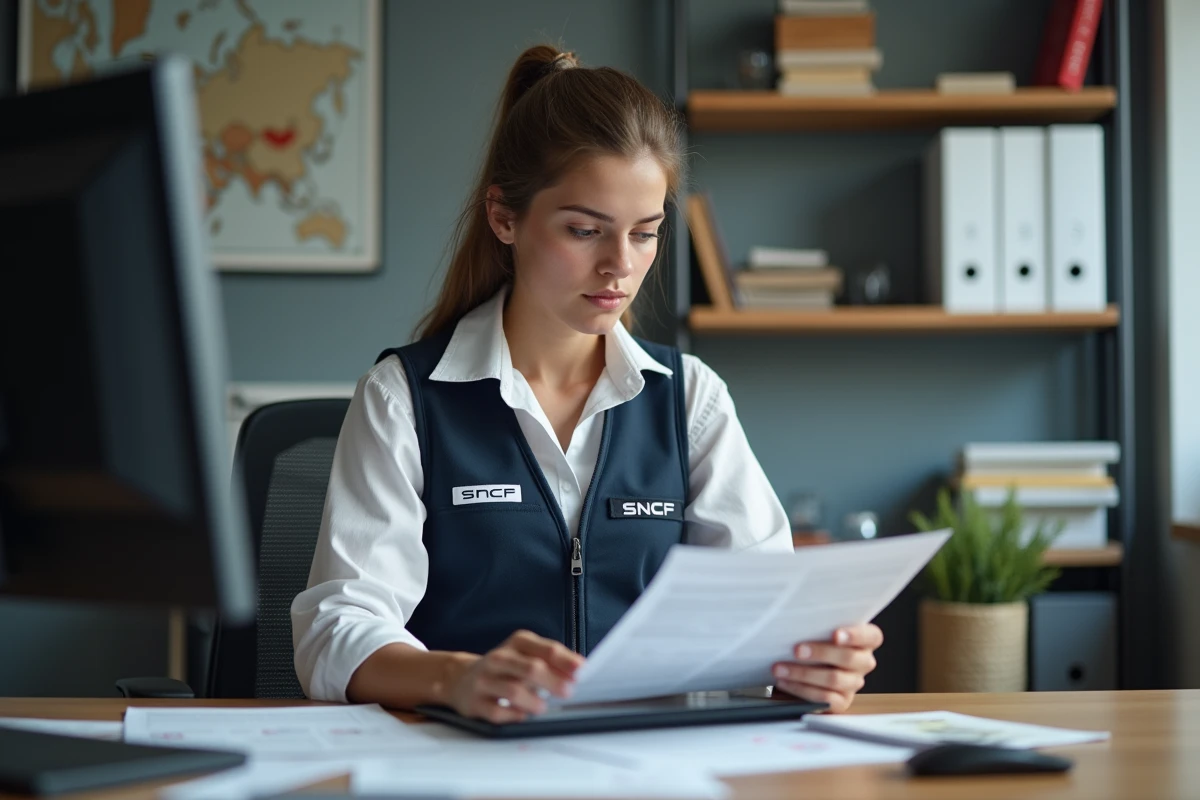 Jeune contrôleur SNCF examinant des documents dans un bureau