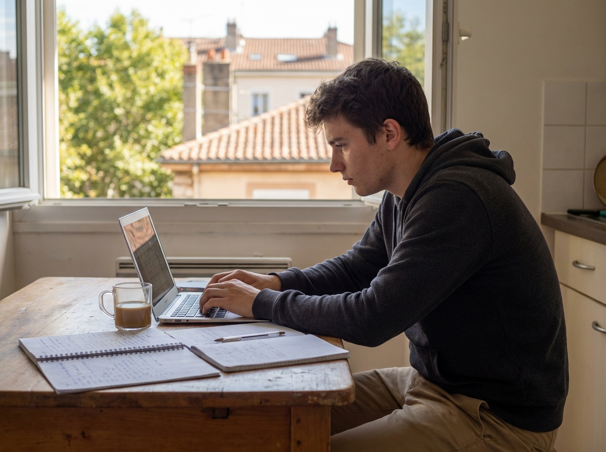 Jeune homme travaillant sur un ordinateur dans une cuisine lumineuse