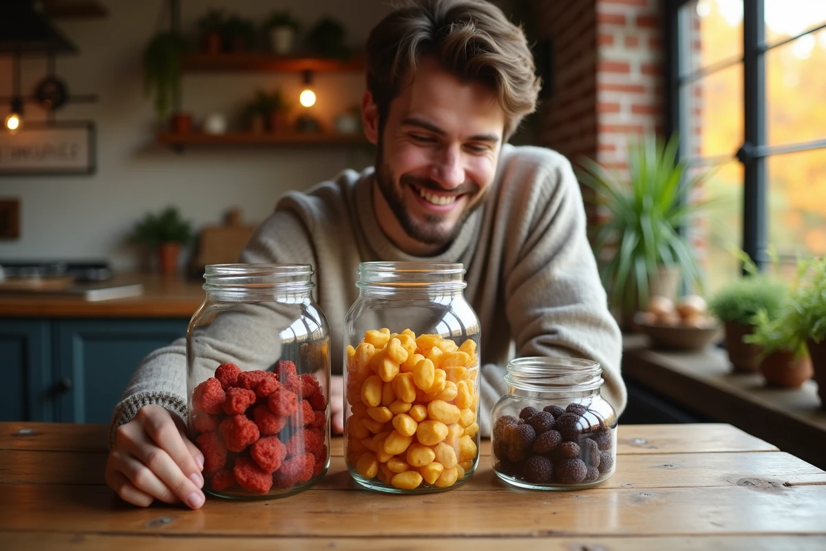 Jeune homme étiquetant bocaux de fruits secs sur une table