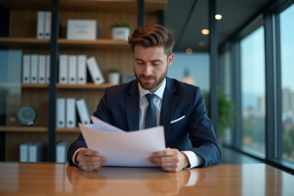 Jeune homme en costume lisant des rapports d'audit dans un bureau moderne