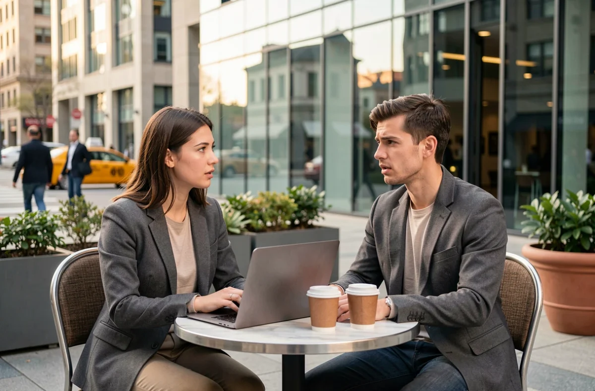 Deux jeunes professionnels discutant de leur premier emploi dans un cabinet Big 4 lors d'une pause café devant un immeuble de bureaux
