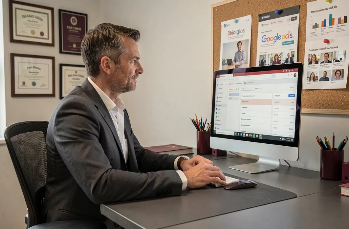 Stratège SEA de l'agence Karéa à Dijon travaillant sur des rapports Google Ads dans un bureau de communication élégant