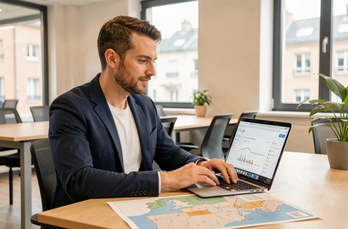 Gestionnaire de comptes Google Ads de Keyweo dans un espace de coworking en Bourgogne-Franche-Comté avec rapport de campagne régionale