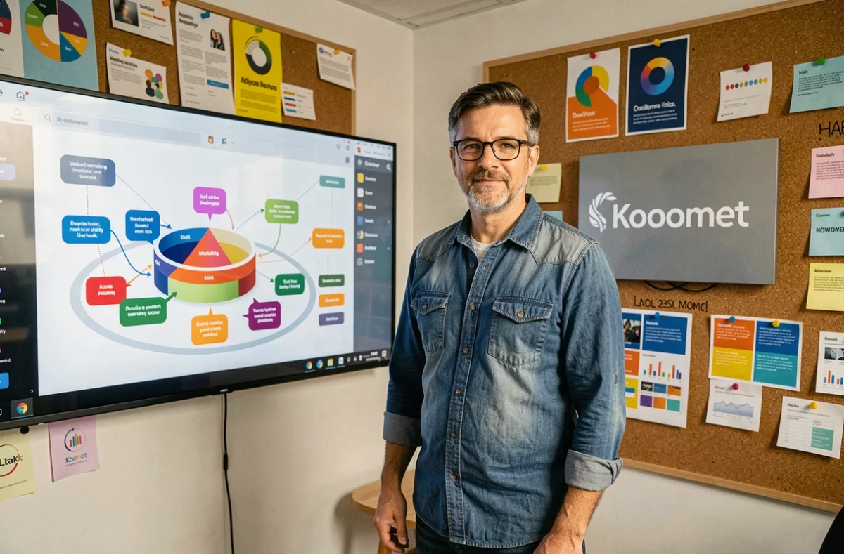 Stratège digital de Koomet devant un écran interactif affichant un entonnoir marketing dans un studio créatif coloré
