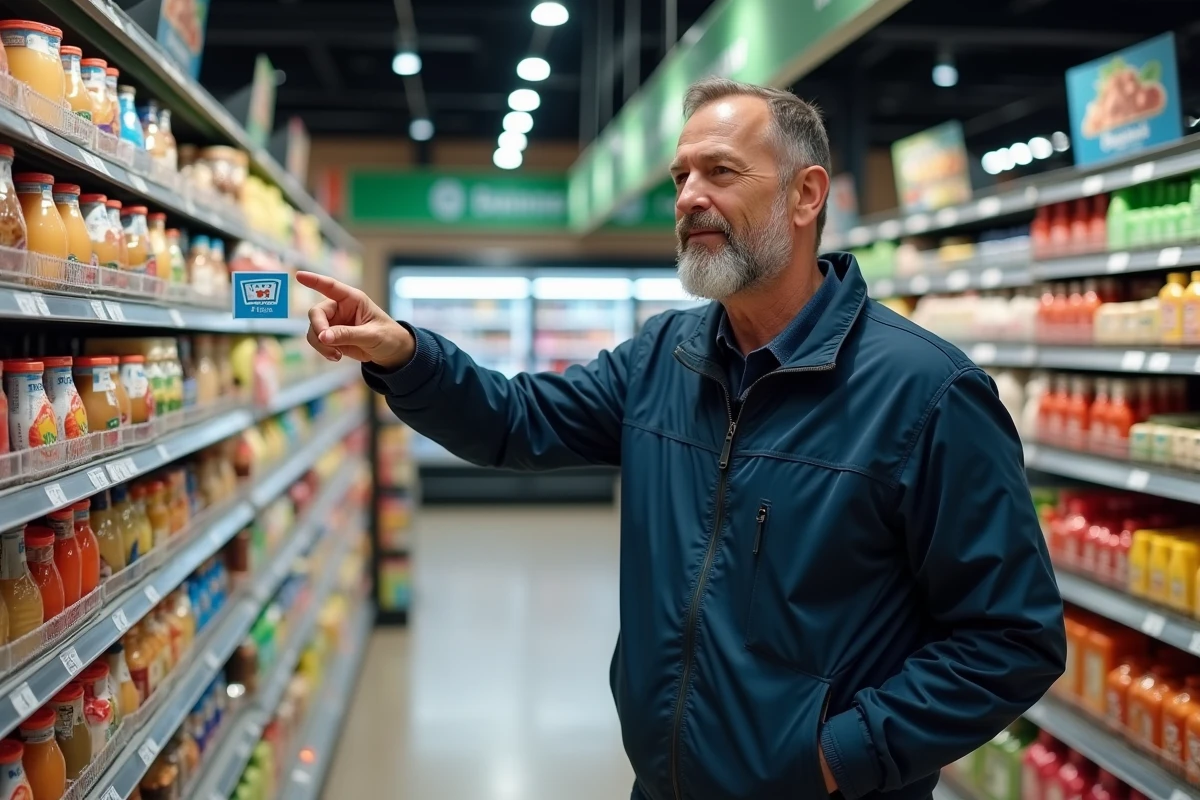 Homme identifiant le logo Shopping Pass sur un étiquetage de rayon en magasin
