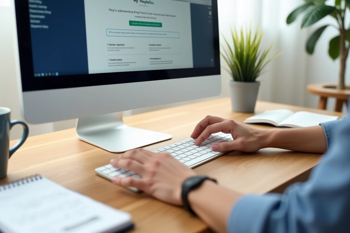 Mains sur un clavier d'ordinateur avec une page de dépannage MyPeopleDoc ouverte sur l'écran