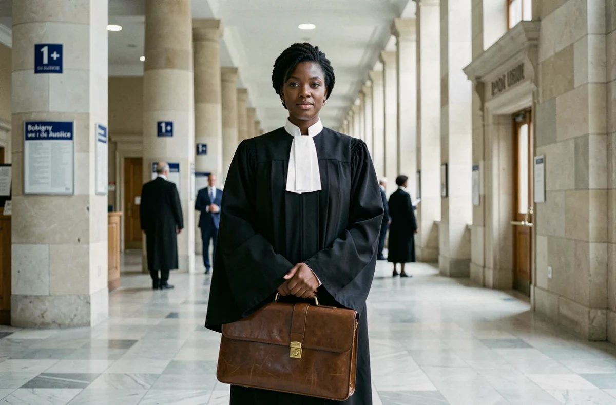 Maître Odette Matchinda, avocate au barreau de Bobigny, en robe d'avocat dans un couloir du palais de justice