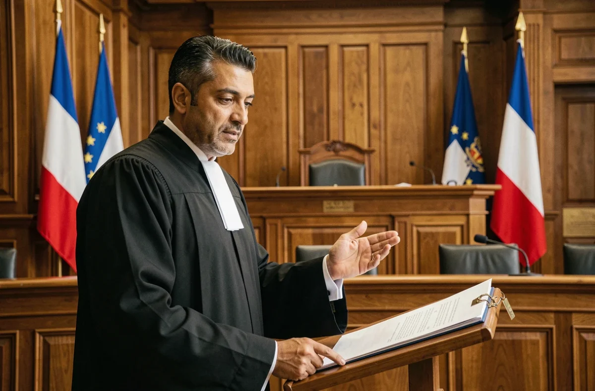 Maître Olivier Yacoub, avocat au barreau de Bobigny, plaidant dans une salle d'audience du tribunal