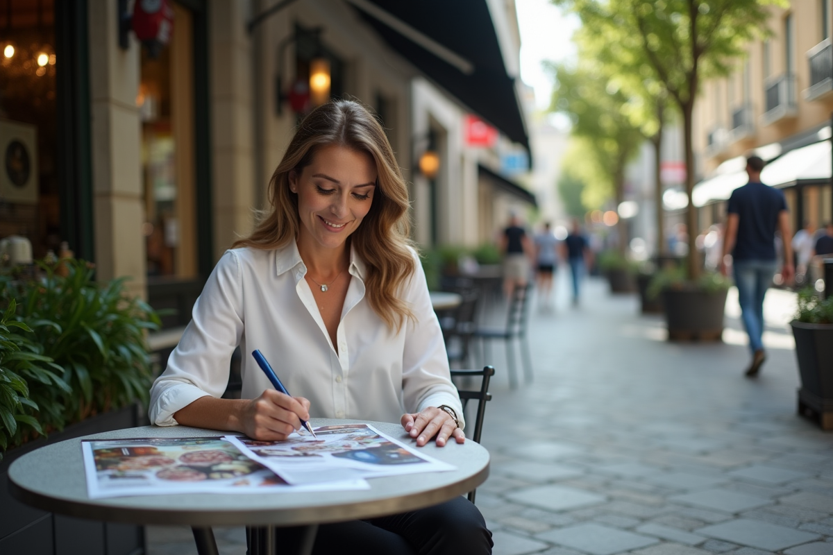 Manager marketing examinant des publicités imprimées en extérieur
