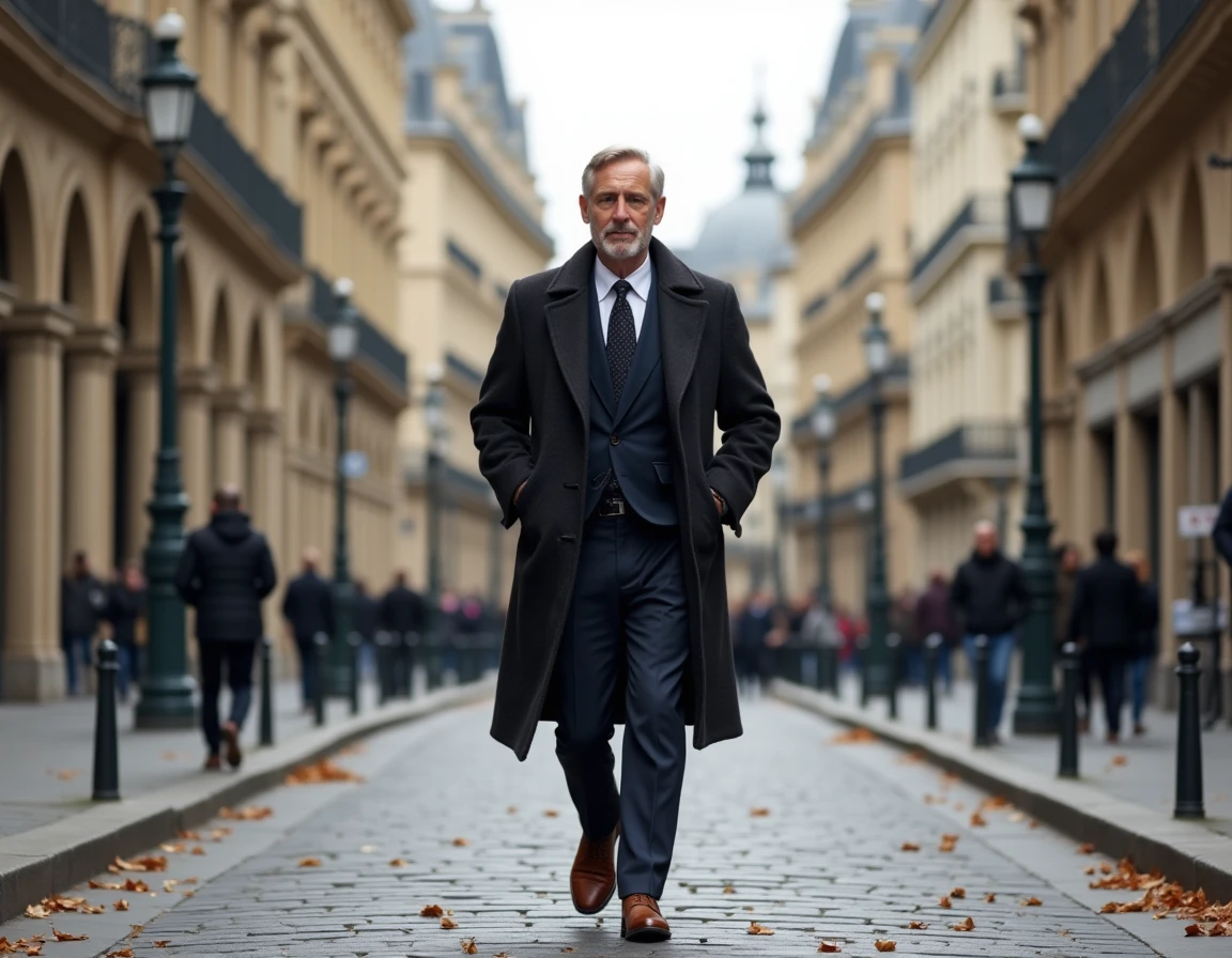 Homme d'affaires élégant marchant sur un boulevard parisien en automne, évoquant le prestige et le parcours de Marc Warnod dans l'industrie