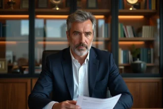 Homme d'affaires influent en costume marine assis à son bureau dans un bureau exécutif élégant, illustrant le parcours professionnel de Marc Warnod