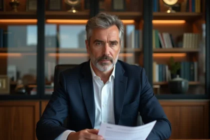Homme d'affaires influent en costume marine assis à son bureau dans un bureau exécutif élégant, illustrant le parcours professionnel de Marc Warnod