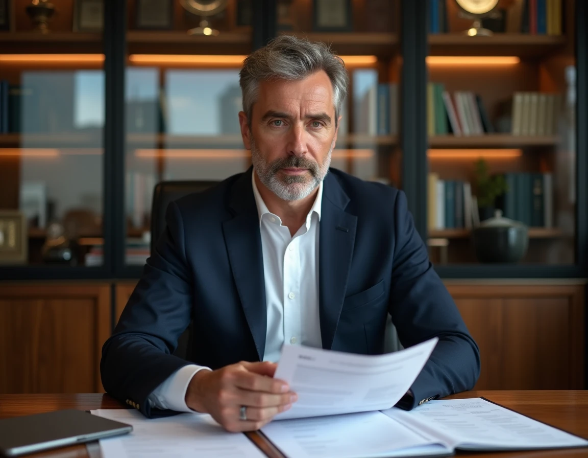 Homme d'affaires influent en costume marine assis à son bureau dans un bureau exécutif élégant, illustrant le parcours professionnel de Marc Warnod