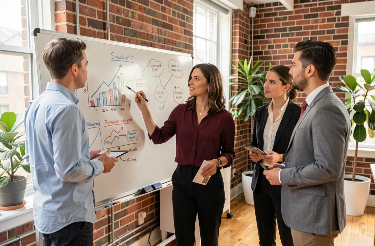 Stratège en marketing digital de Marketingsolution présentant une solution de croissance à ses collègues sur un tableau blanc