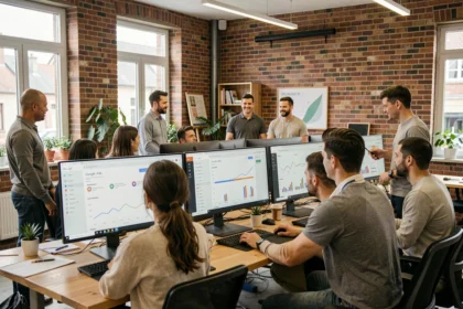 Équipe d'une agence Google Ads en Bourgogne-Franche-Comté travaillant sur des campagnes publicitaires dans un open space moderne