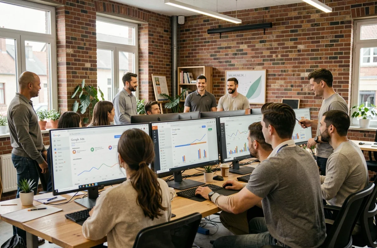Équipe d'une agence Google Ads en Bourgogne-Franche-Comté travaillant sur des campagnes publicitaires dans un open space moderne