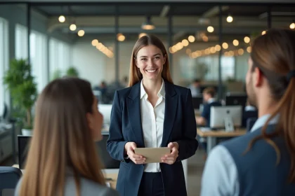 Collègue remettant un message d'adieu manuscrit à son équipe dans un bureau moderne lors de son départ