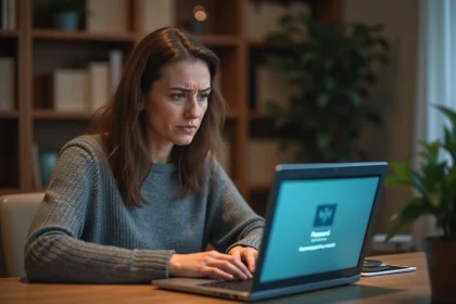 Femme frustrée devant un écran d'ordinateur affichant un formulaire de réinitialisation de mot de passe sur un compte en ligne