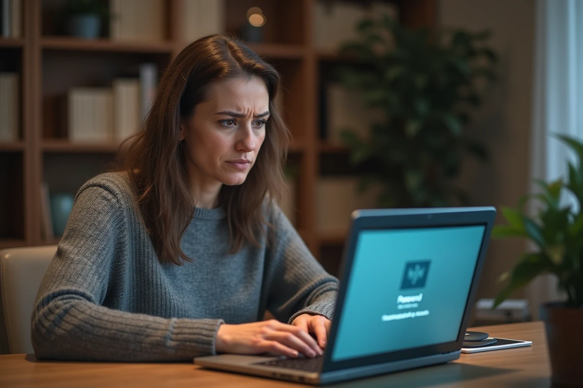 Femme frustrée devant un écran d'ordinateur affichant un formulaire de réinitialisation de mot de passe sur un compte en ligne