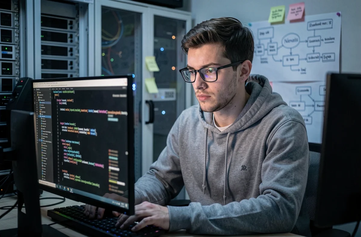 Développeur web de Nematis concentré sur l'optimisation SEO technique dans un studio numérique avec serveurs en arrière-plan