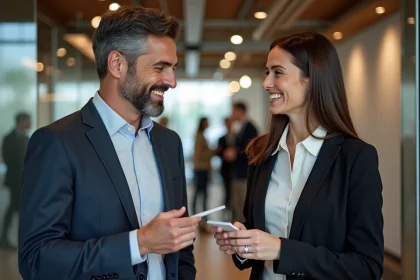Deux professionnels échangeant des cartes de visite lors d'un événement de networking B2B en espace de co-working moderne