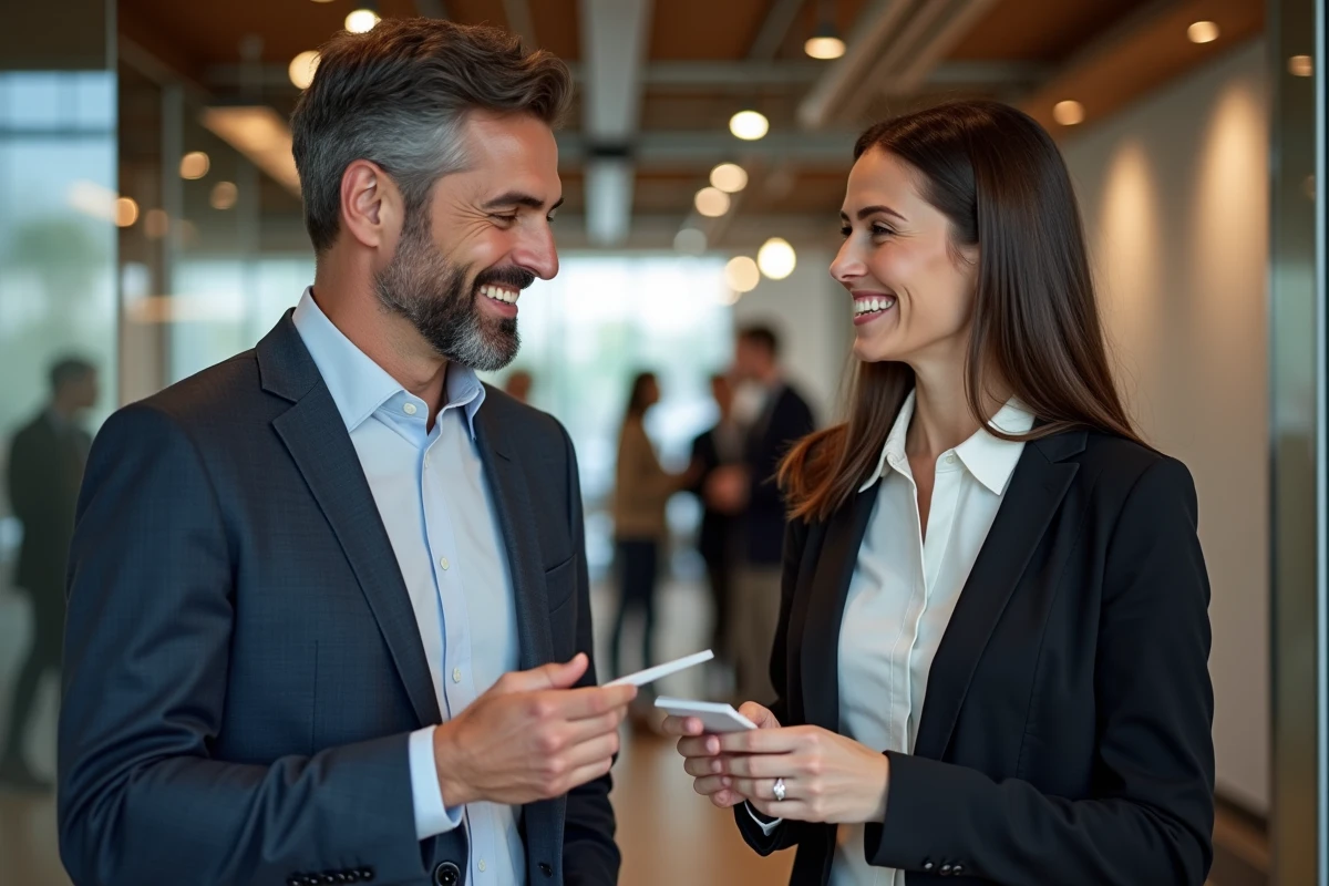Deux professionnels échangeant des cartes de visite lors d'un événement de networking B2B en espace de co-working moderne