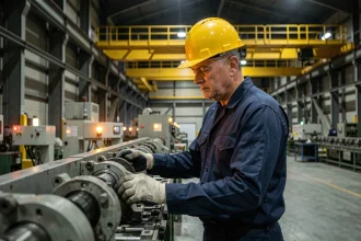 Ouvrier en usine travaillant de nuit sur une chaîne de montage industrielle, illustrant la pénibilité et les heures de nuit en 2026