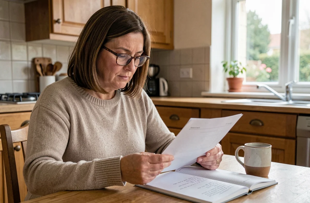 Mère de famille consultant les documents de salaire ESAT de son enfant handicapé à la table de cuisine