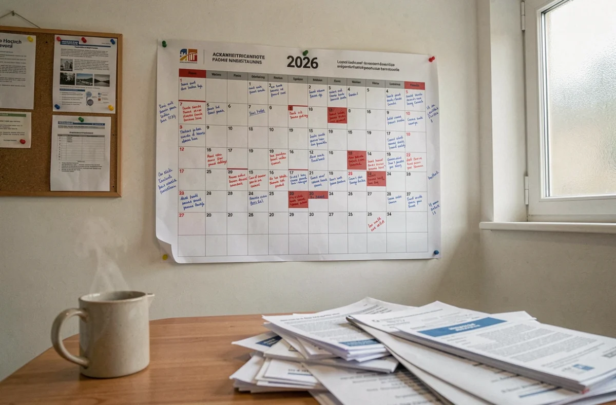 Planning mural annuel 2026 de la fonction publique avec jours fériés et jours ouvrables annotés dans une salle de pause administrative