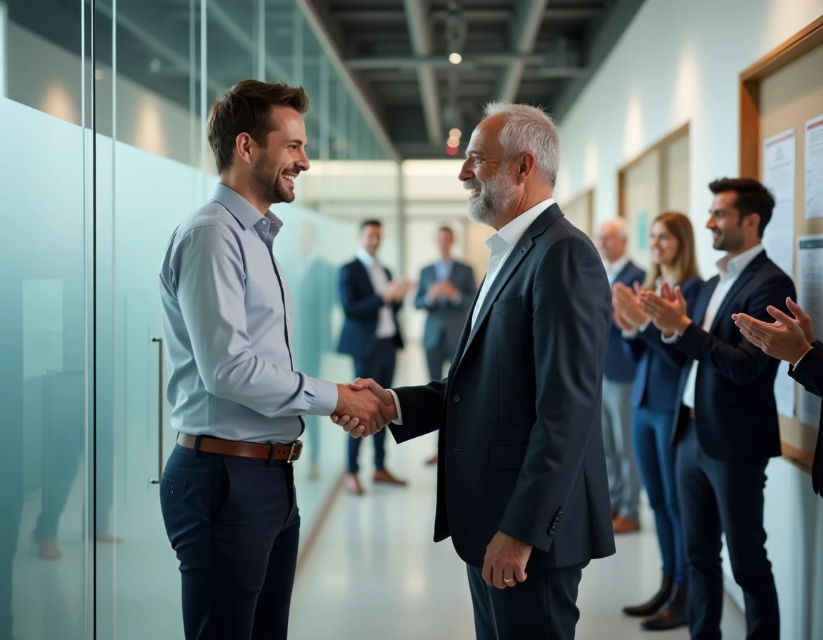 Deux collègues masculins se serrant la main lors d'un départ en entreprise