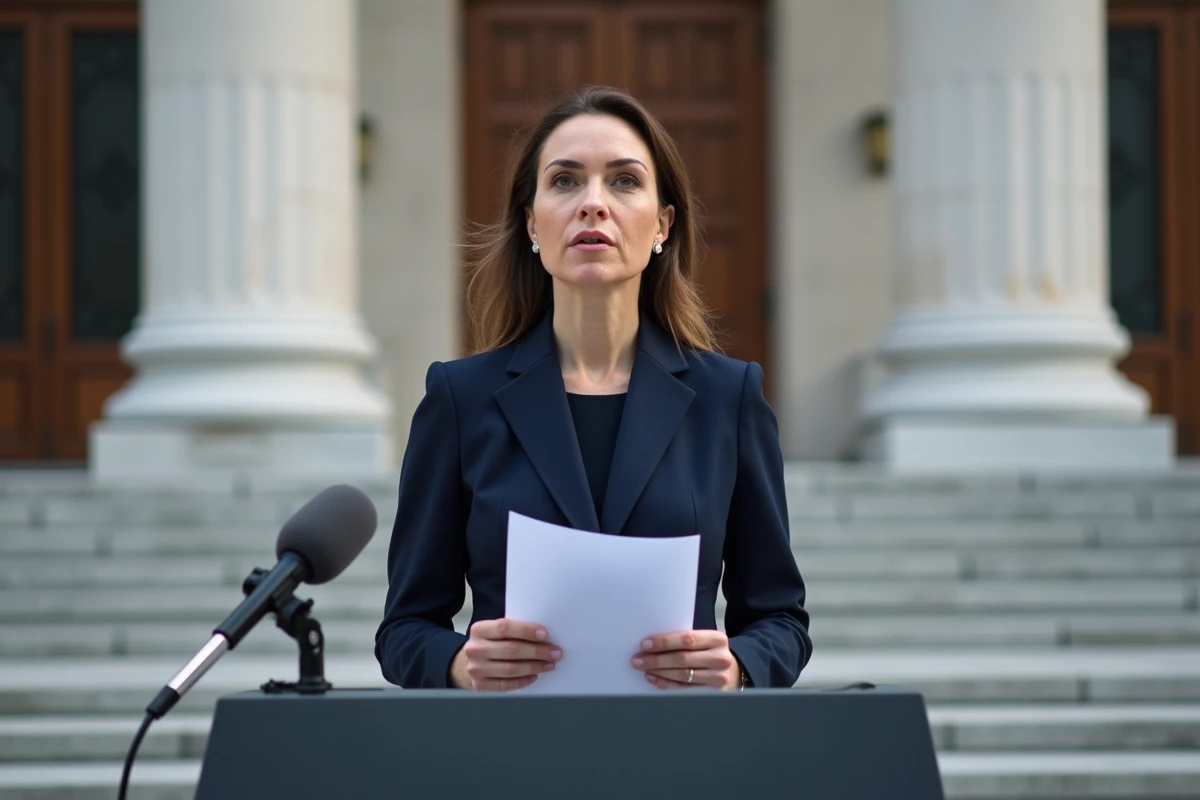 Porte-parole institutionnelle prenant la parole devant la presse lors d'une conférence de crise en extérieur
