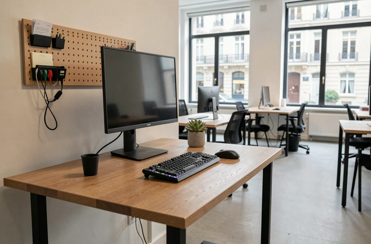 Poste de travail vide et bien équipé dans un espace de coworking à Moulins avec vue sur rue