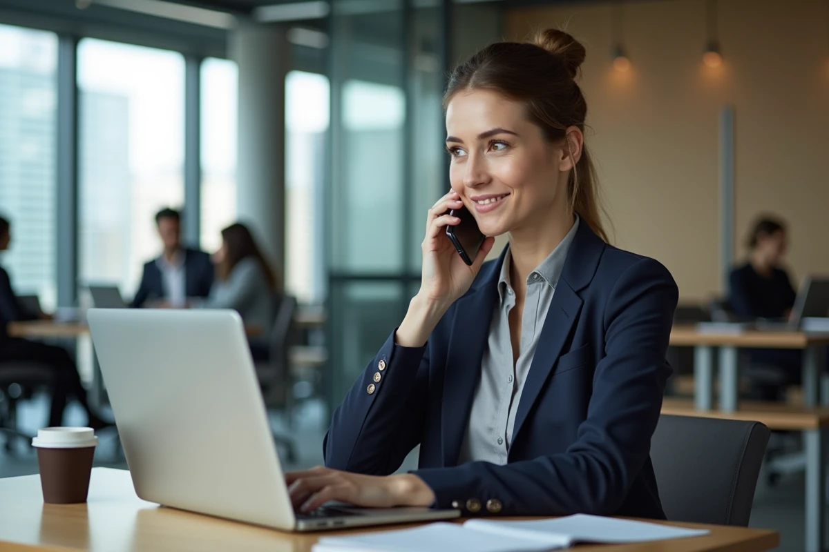 Femme professionnelle passant un appel téléphonique dans un bureau moderne pour une prise de contact commerciale