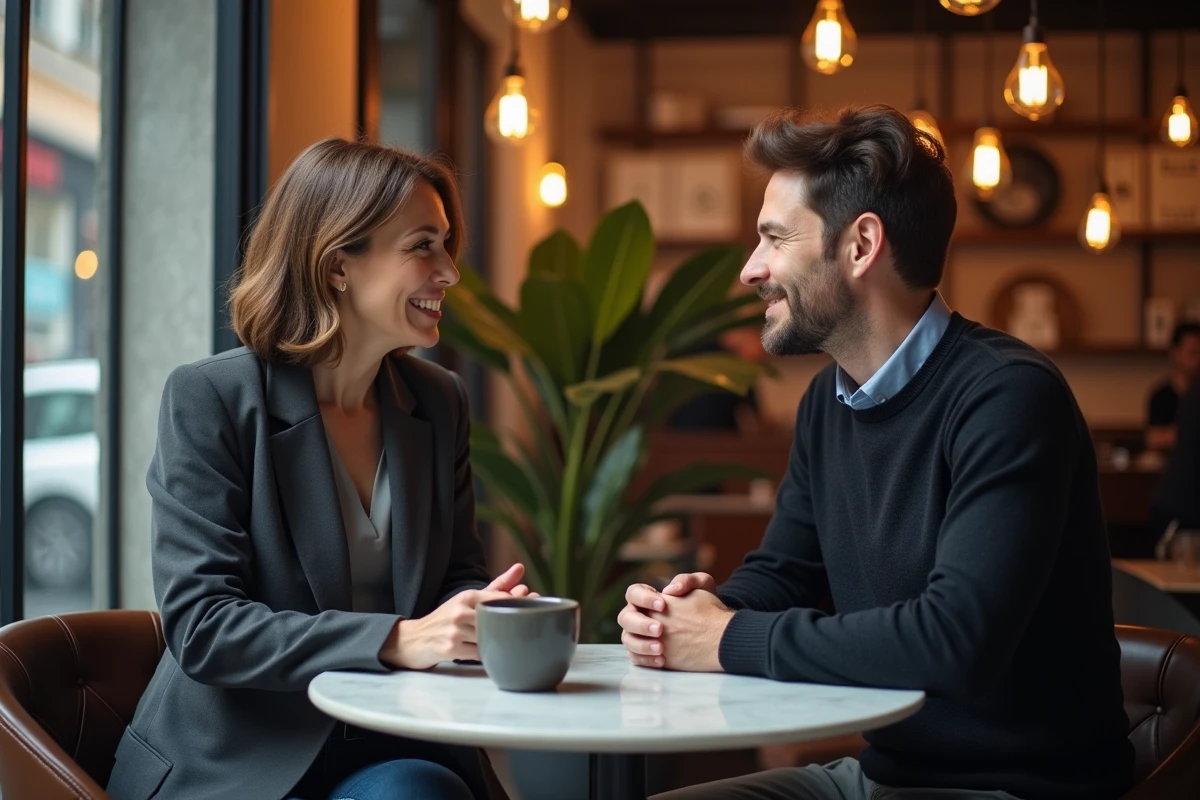 Deux professionnels en réunion de prise de contact dans un café moderne, échangeant avec confiance
