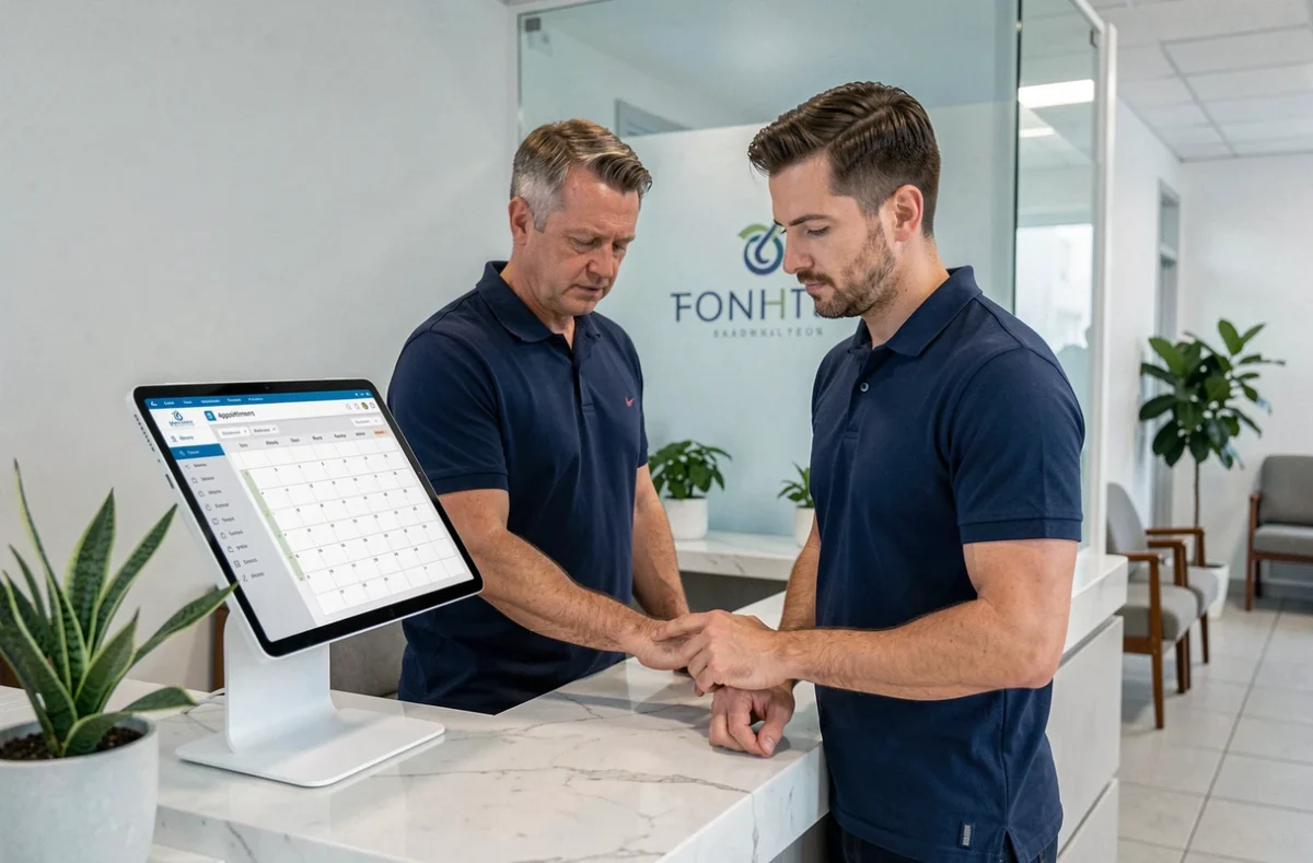 Professionnel de santé gérant ses rendez-vous en ligne via ClicRDV com pro sur une tablette en cabinet