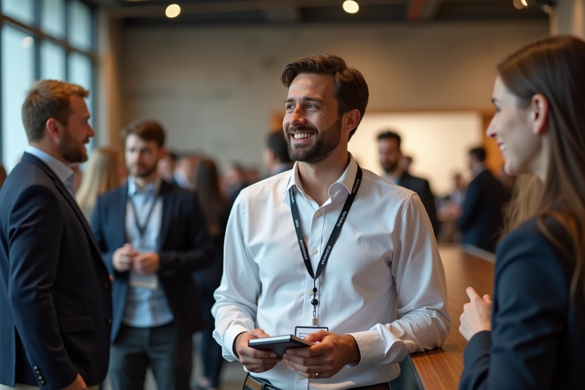 Professionnel en networking B2B lors d'un événement d'affaires, échangeant avec des contacts malgré un emploi du temps chargé
