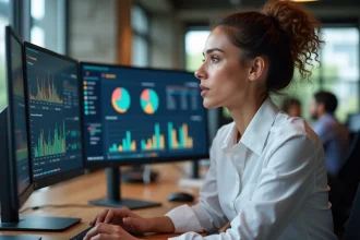 Professionnelle en marketing analysant des tableaux de bord data et des indicateurs de performance sur deux écrans dans un espace de coworking moderne