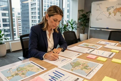 Professionnelle annotant des indicateurs économiques territoriaux lors d'un appel à projets en bureau moderne