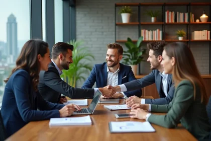 Groupe de professionnels en r&eacute;union dans un bureau moderne