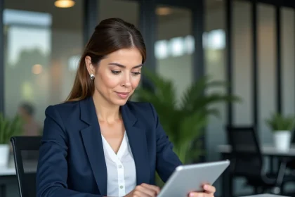 Professionnelle en entreprise consultant une plateforme de prospection B2B sur tablette dans un bureau moderne