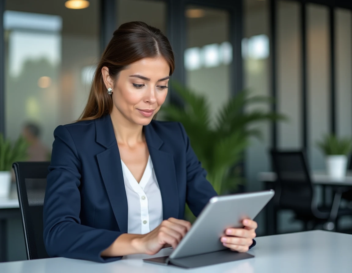 Professionnelle en entreprise consultant une plateforme de prospection B2B sur tablette dans un bureau moderne