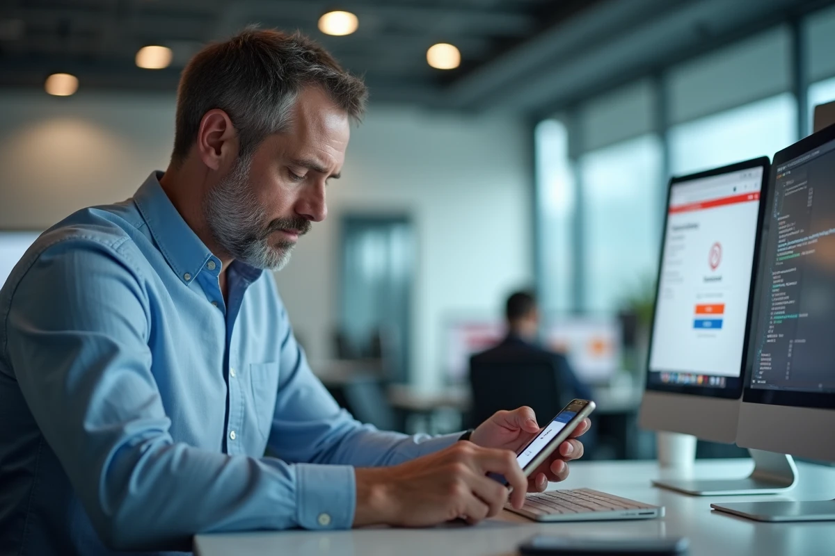 Homme en entreprise tenant un smartphone avec authentification à deux facteurs face à un écran de connexion bloqué